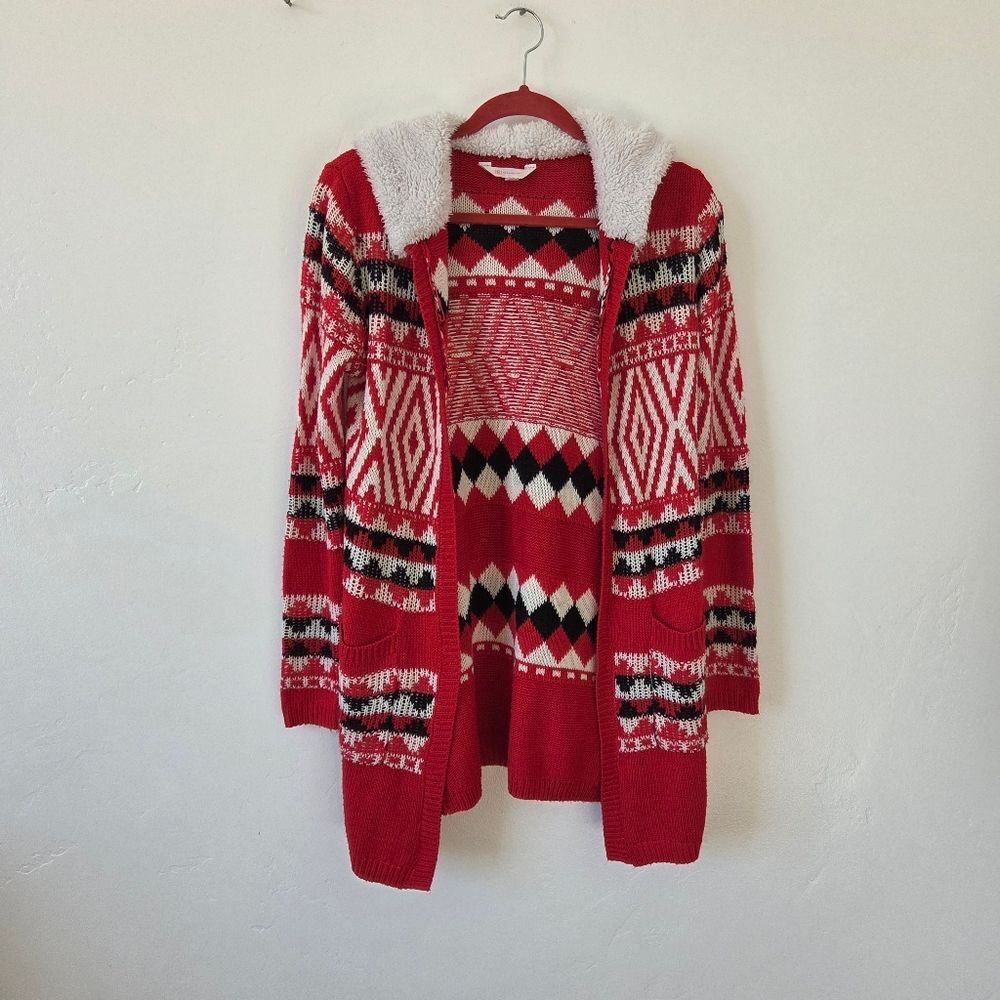 Christmas Cardigan Sweater Red Fair Isle Nordic Holiday Cozy Comfy Hooded XS